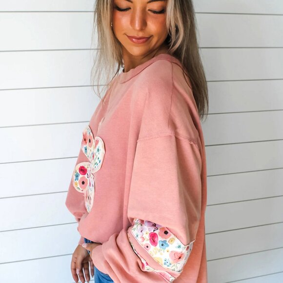 B291 Peach Blossom Flower Applique Patchwork Drop Sleeve Pullover Sweatshirt - Picture 2 of 4